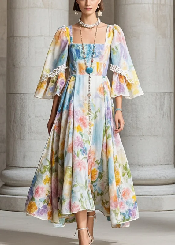 Price Fest ashionable dressFrench Apricot Square Collar Print Chiffon Dress Fall