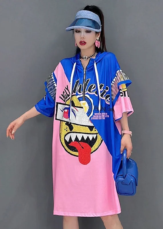 modern dressModern Blue Red Hooded Drawstring Zippered Print Robe Dresses Short Sleeve