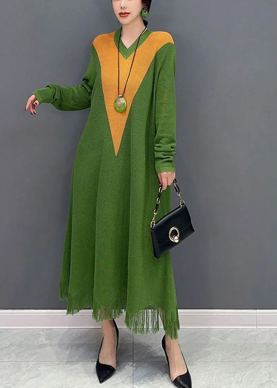 Loyalty Reward elegant evening dressWomen Green V Neck Patchwork Knit A Line Dress Spring