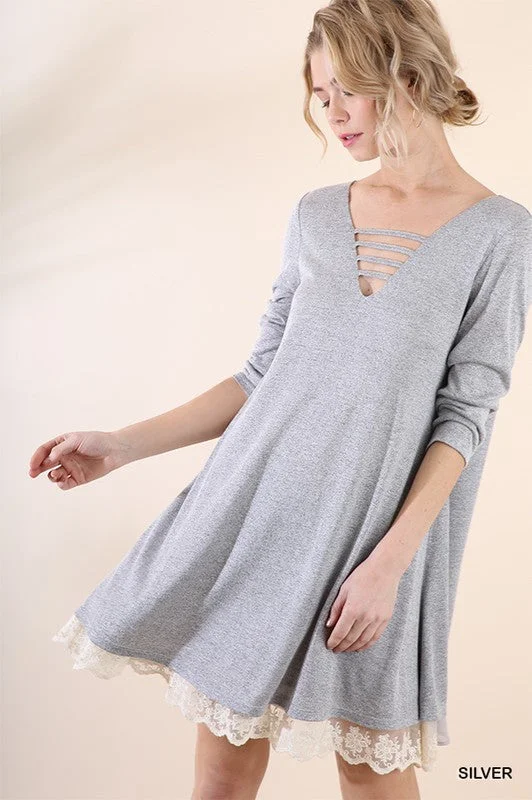 chic slip dressLace Trim V Neck Knit Dress