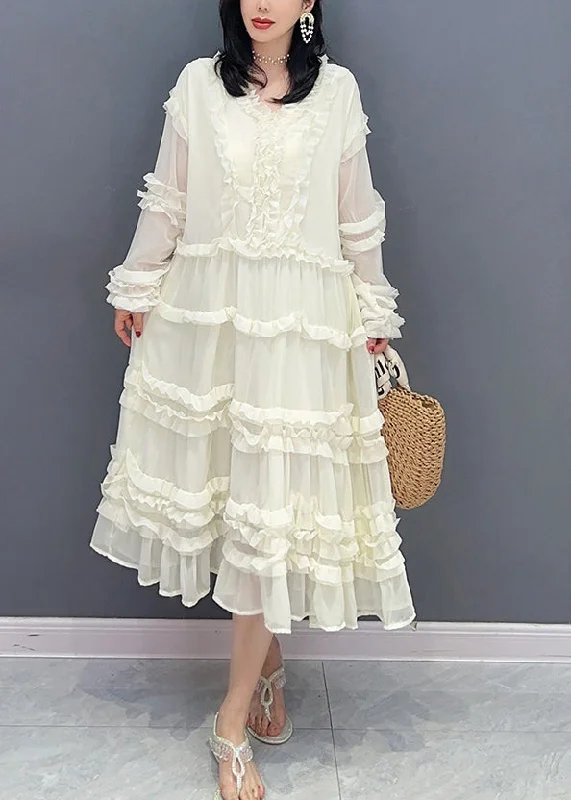 Super Sale boho dressBrief White V Neck Ruffled Solid Chiffon Long Dress Spring