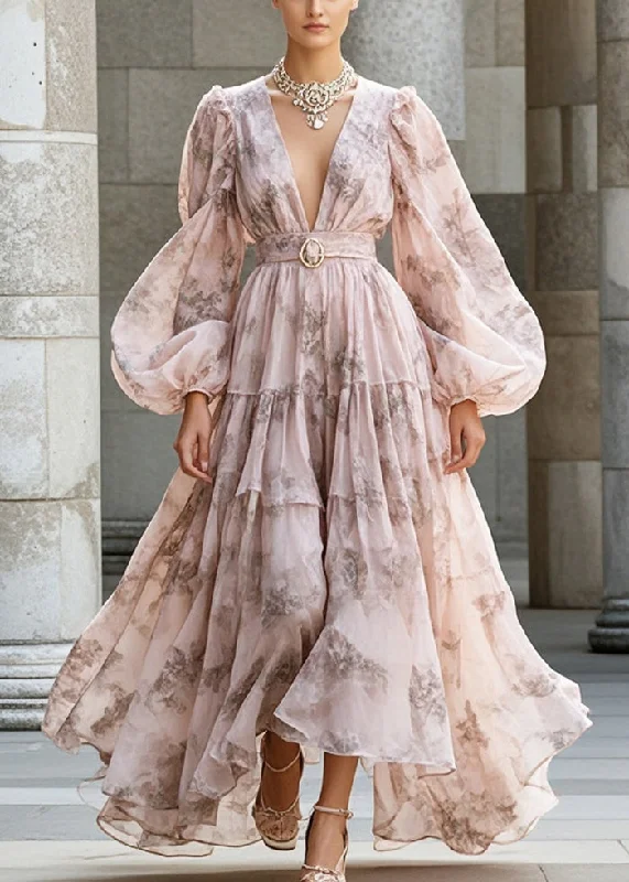 Warehouse Sale stylish party dressFrench Pink Cinched Exra Large Hem Chiffon Dress Lantern Sleeve