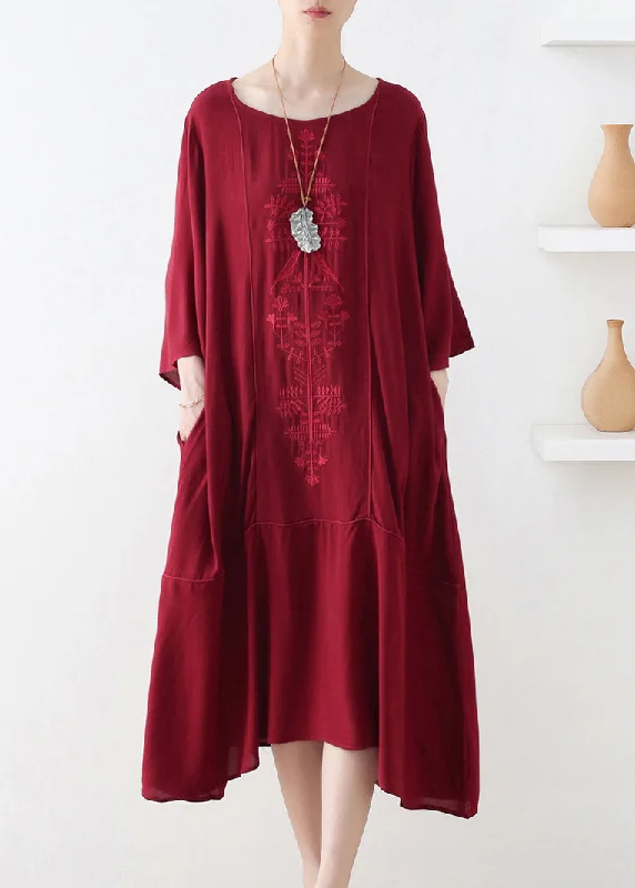 Crazy Deals pleated maxi dressNatural Red O-Neck Print Draping Long Dress Fall