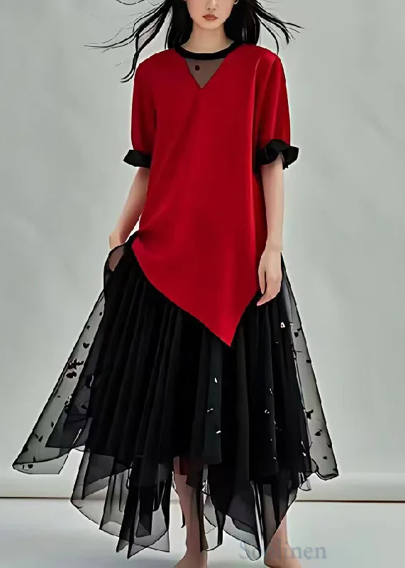 New Markdowns knit dressItalian Red Asymmetrical Tulle Patchwork Long Dresses Butterfly Sleeve New Markdowns knit dressItalian Red Asymmetrical Tulle Patchwork Long Dresses Butterfly Sleeve