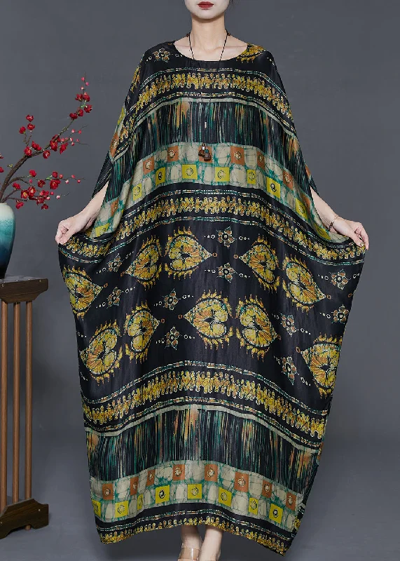 Price Buster silk dressBohemian Black Oversized Print Silk Long Dresses Batwing Sleeve Price Buster silk dressBohemian Black Oversized Print Silk Long Dresses Batwing Sleeve