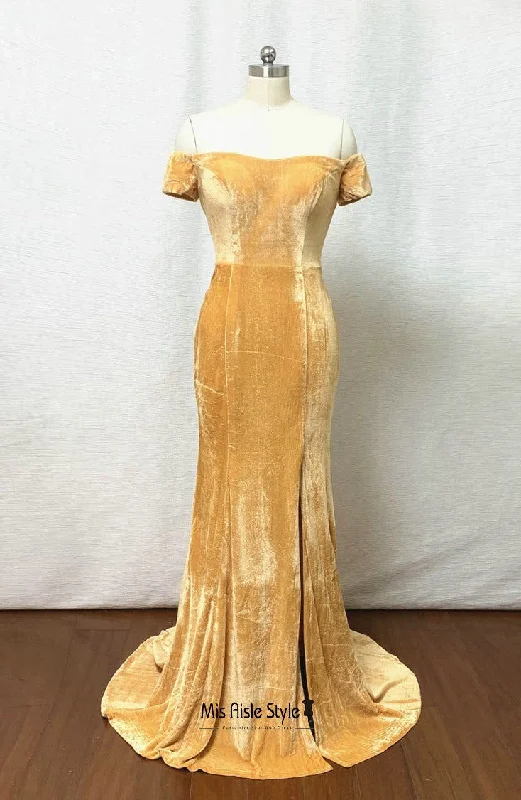 Weekend Deal v-neck dressFitted Yellow Velvet Evening Dress