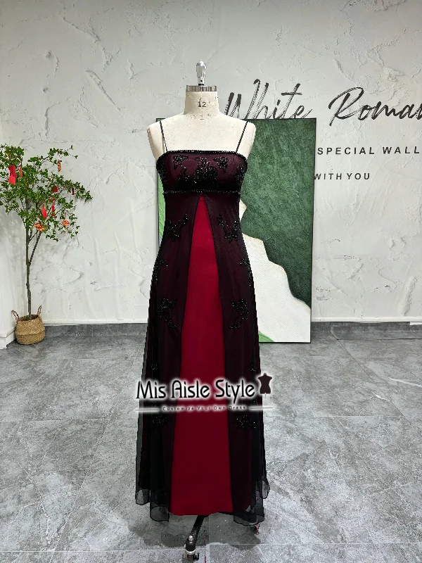 Low Prices structured dressSquare Neckline Black and Red Beaded Prom Dress