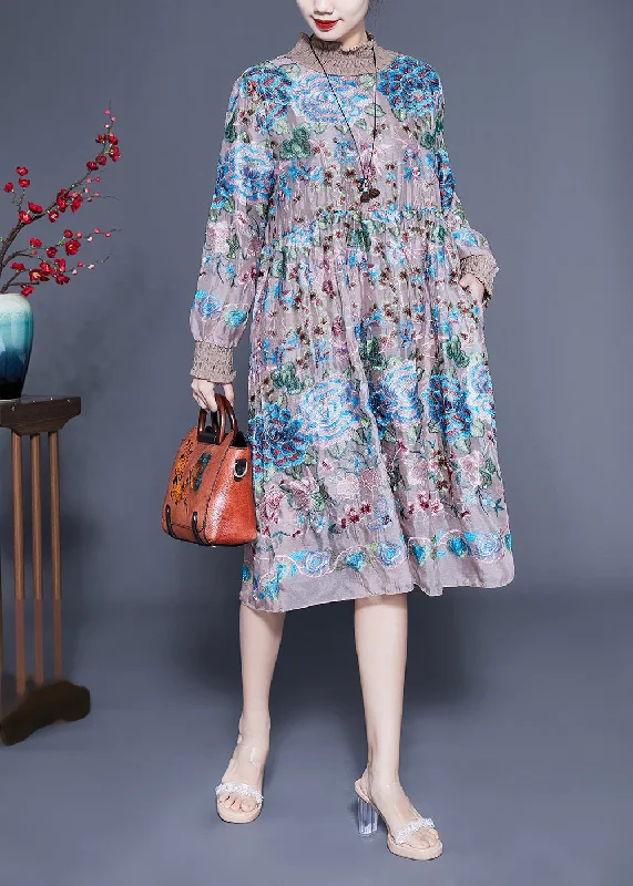 Extra Discounts puff sleeve dressHandmade Khaki High Neck Embroideried Silk Maxi Dresses Spring Extra Discounts puff sleeve dressHandmade Khaki High Neck Embroideried Silk Maxi Dresses Spring