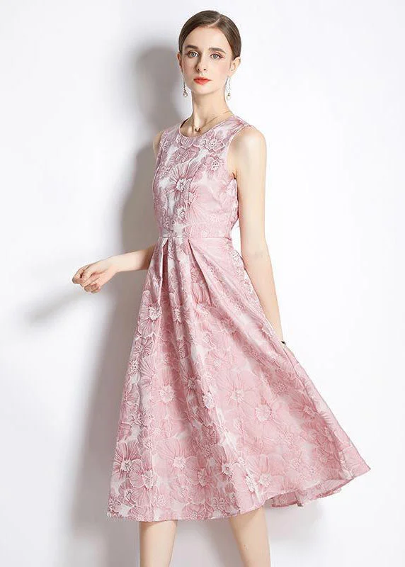 trendy wrap dressBohemian Pink Jacquard Exra Large Hem Silk Holiday Dress Sleeveless