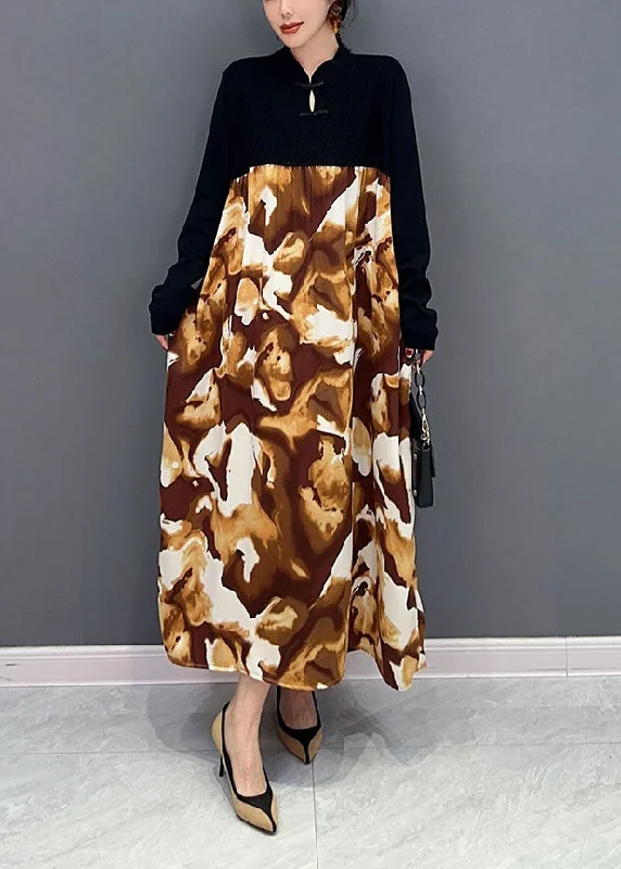 Buy Now vintage-inspired dressBlack Patchwork Maxi Dresses Chinese Button Tie Dye Spring