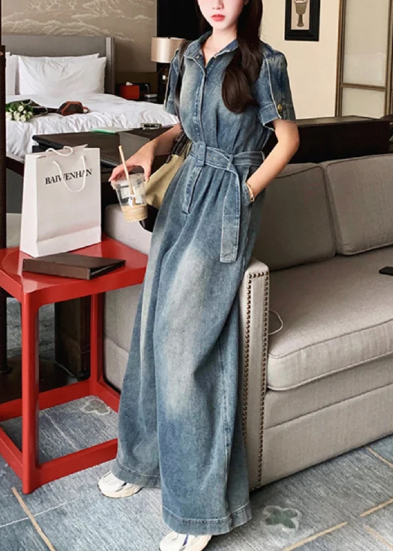 Get It Before It’s Gone Stylish Blue Peter Pan Collar Tie Waist Denim Jumpsuits Summer RU029