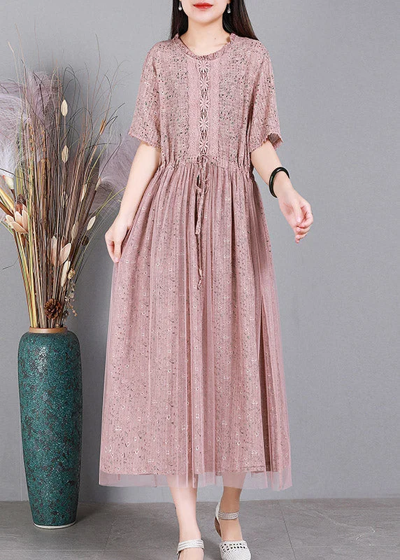 Midnight Sale off-shoulder dressPink O-Neck Embroideried Floral Tulle Long Dresses Summer