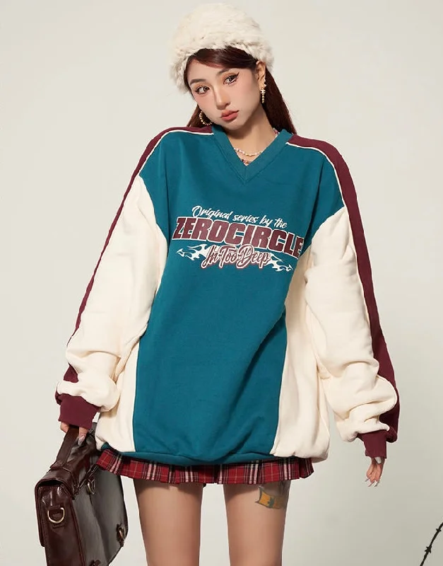 Today’s Deal ZEROCIRCLE In Too Deep Letter Embroidery Patchwork Long Sleeve V-Neck Sweatshirt
