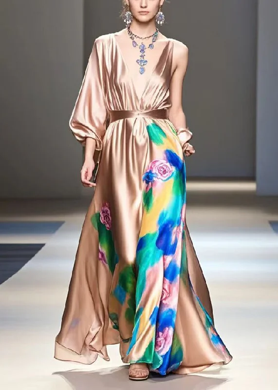 Deal Dash draped dressBeautiful Brown Print Exra Large Hem Silk Long Dress Spring