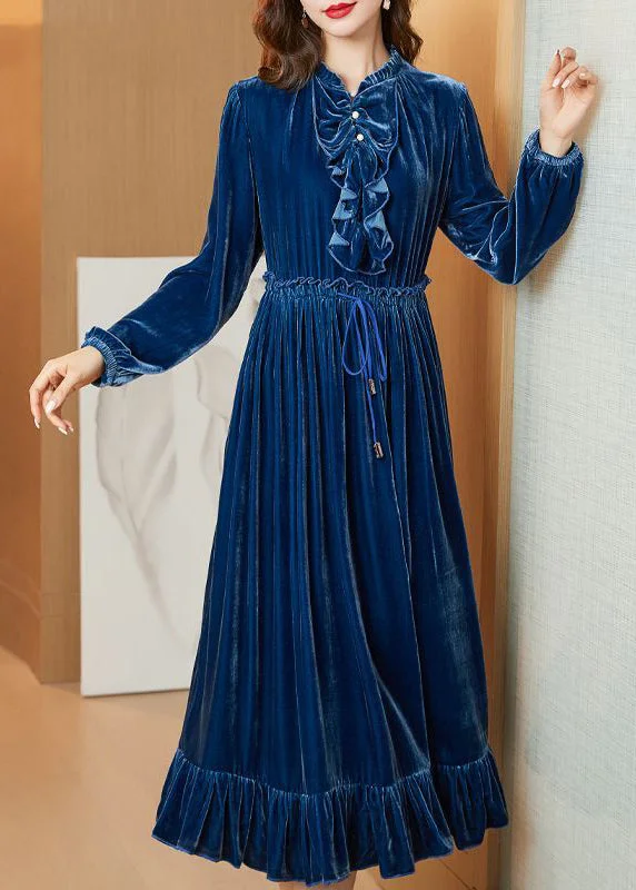 Online Specials fitted dressBoho Navy Cinched Patchwork Ruffles Silk Velour Long Dress Spring
