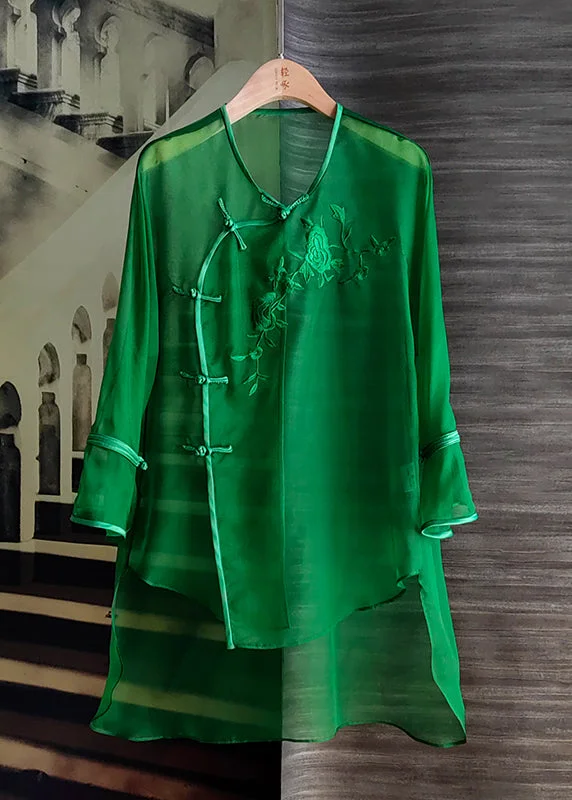 elegant dressOrganza Green O-Neck Embroideried Floral Low High Design Silk Mid Dress Long Sleeve