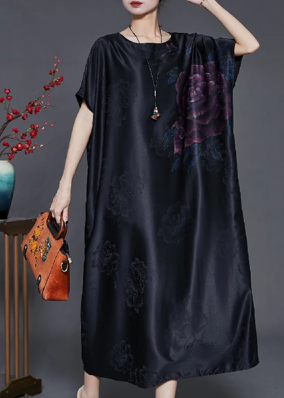 New Markdowns one-shoulder dressVintage Black Oversized Jacquard Silk Long Dress Summer New Markdowns one-shoulder dressVintage Black Oversized Jacquard Silk Long Dress Summer