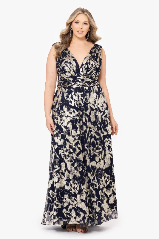 Deal Dash elegant maxi dressPlus "Maria" Long Foil V-Neck Floor Length Dress