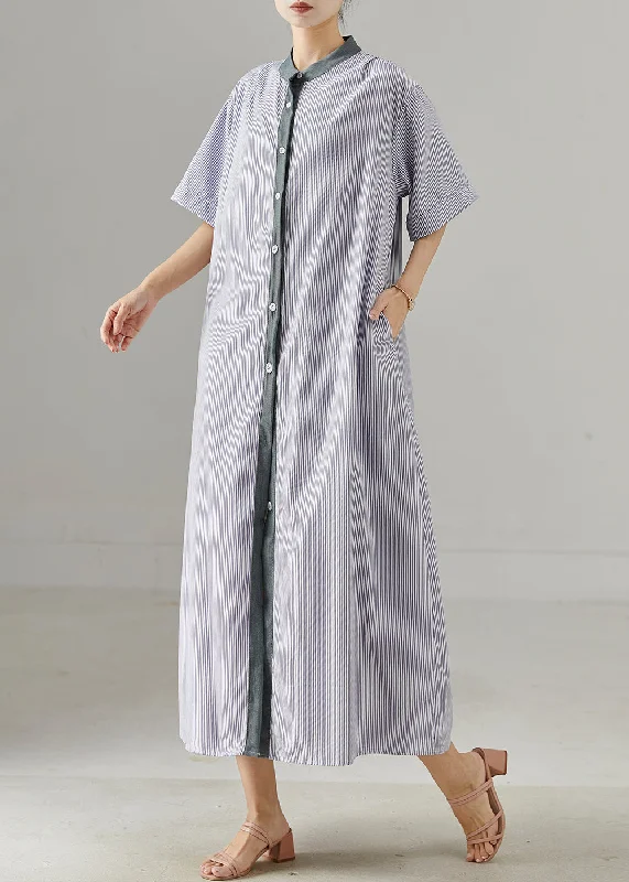 trendy wrap dressModern Grey Stand Collar Striped Cotton Shirt Dress Summer