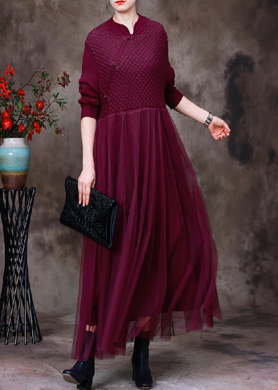 Price Meltdown ruffle dressDIY Purple Stand Collar Tulle Patchwork Knit Mid Dress Long Sleeve