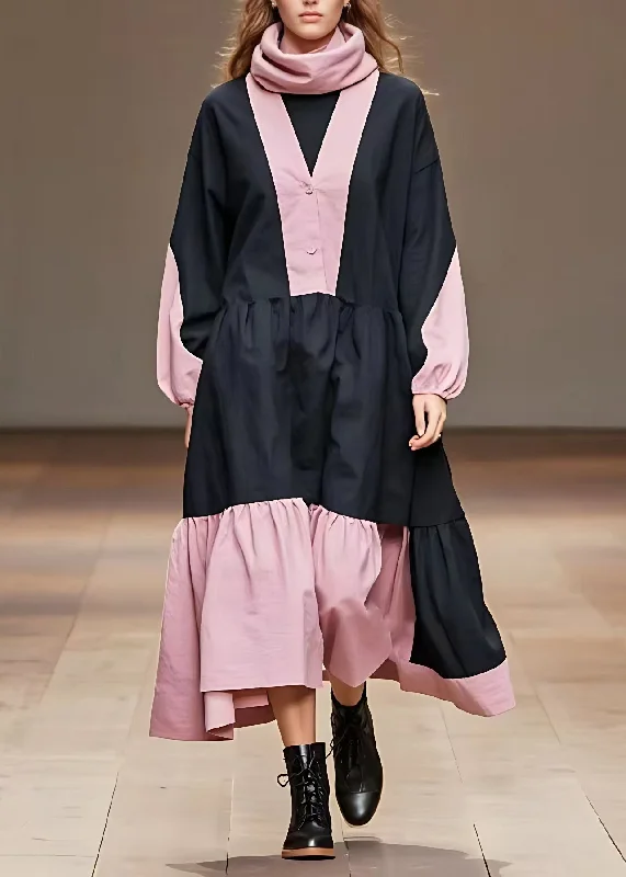 Savings Galore minimalistic dressWomen Pink Wrinkled Patchwork Maxi Dress Long Sleeve