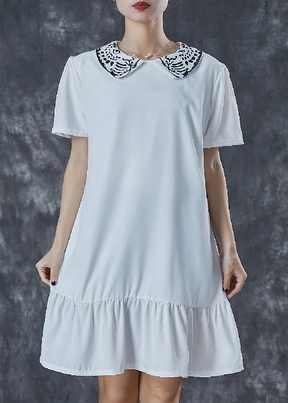 Value Deals winter dressSimple White Peter Pan Collar Print Cotton Mid Dresses Summer