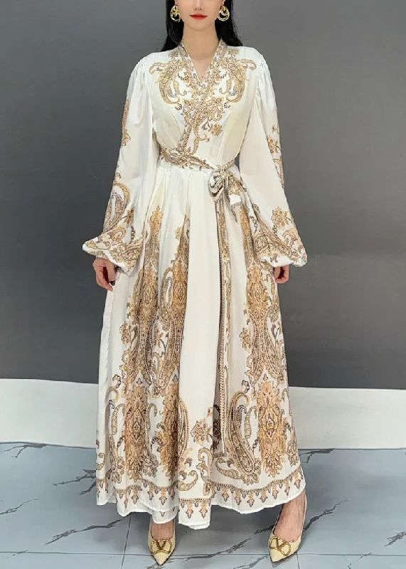Daily Deals floral wrap dressStylish White V Neck Print Lace Up Long Dresses Fall