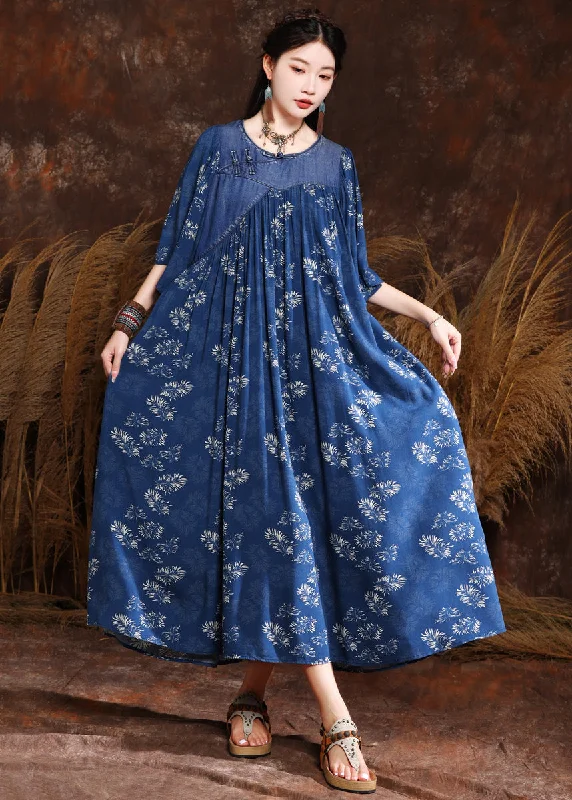 Closeout Sale trendy wrap dressFrench Blue Print Wrinkled Denim Long Dress Half Sleeve Closeout Sale trendy wrap dressFrench Blue Print Wrinkled Denim Long Dress Half Sleeve