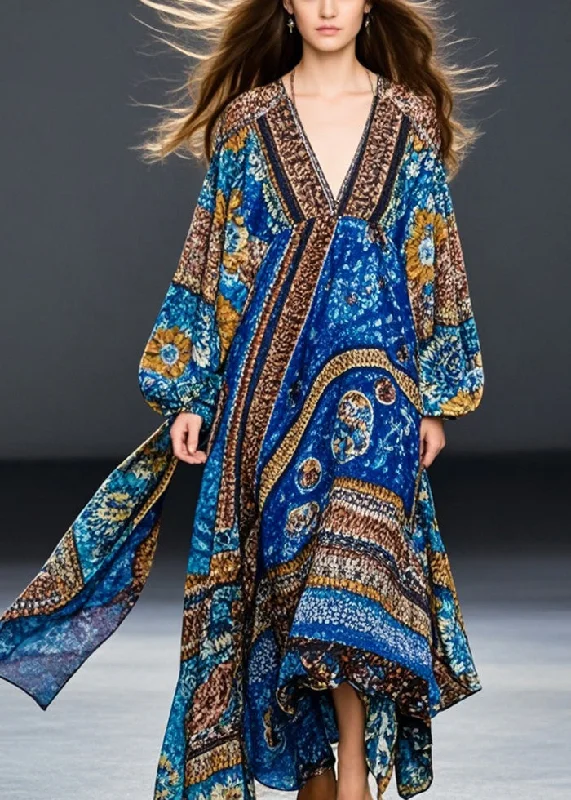 trendy dressBohemian Blue Oversized Print Cotton Maxi Dresses Spring