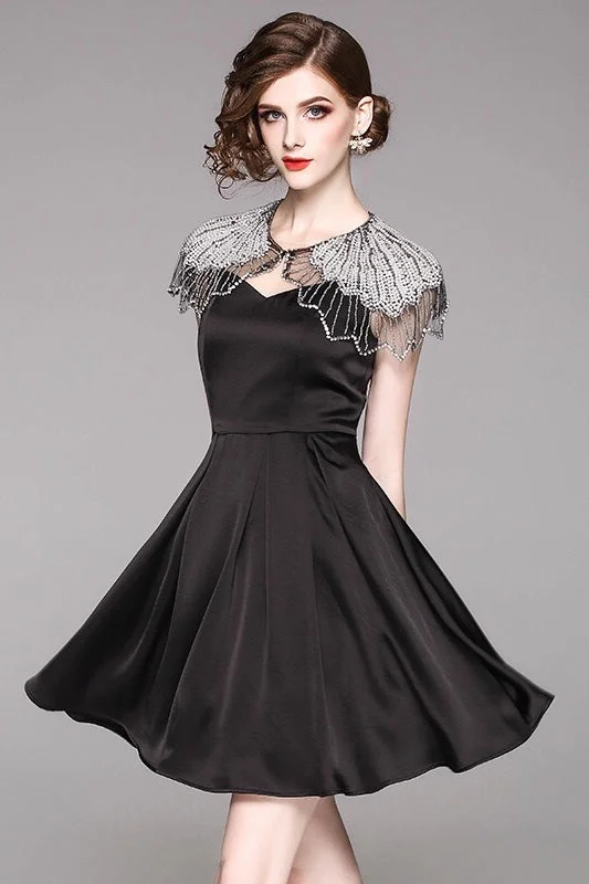 casual slip dressBlack Party Dress W/ Beaded Cape