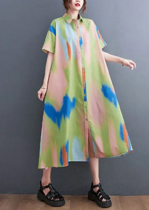 Price Rollback draped dressDIY Colorblock Peter Pan Collar Tie Dye Print Button Cotton Shirt Dress Short Sleeve