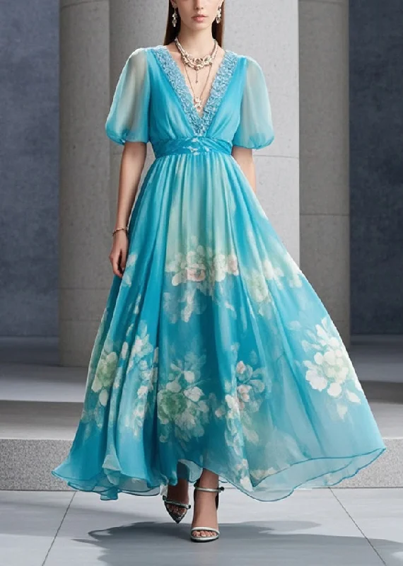 Epic Deals statement dressFrench Sea Blue Print Exra Large Hem Chiffon Long Dresses Summer