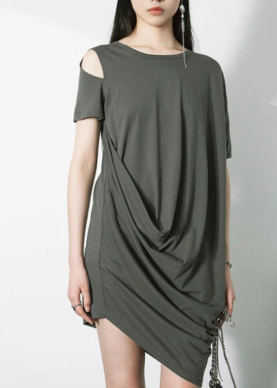 Exclusive Access satin dressStyle Grey Asymmetrical Design Wrinkled Cotton Mid Dress Short Sleeve Exclusive Access satin dressStyle Grey Asymmetrical Design Wrinkled Cotton Mid Dress Short Sleeve