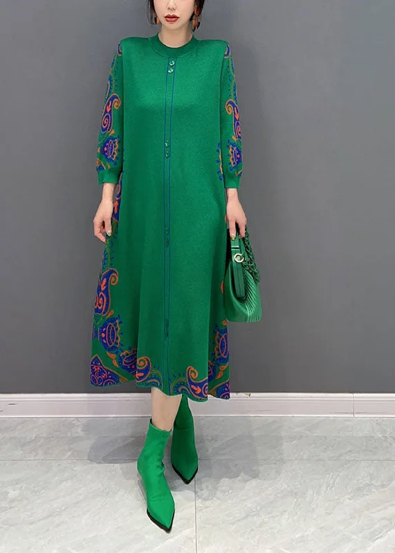 Fantastic Offers boho dressGreen Print Knit Long Dresses O-Neck Slim Fit Spring
