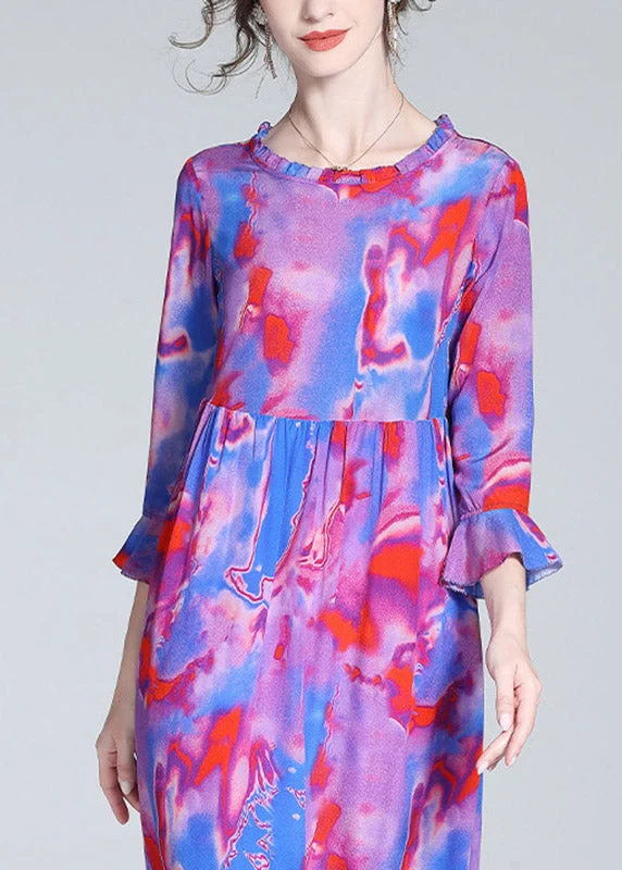 silk dressModern Purple O-Neck Ruffled Print Cinched Silk Mid Dress Flare Sleeve