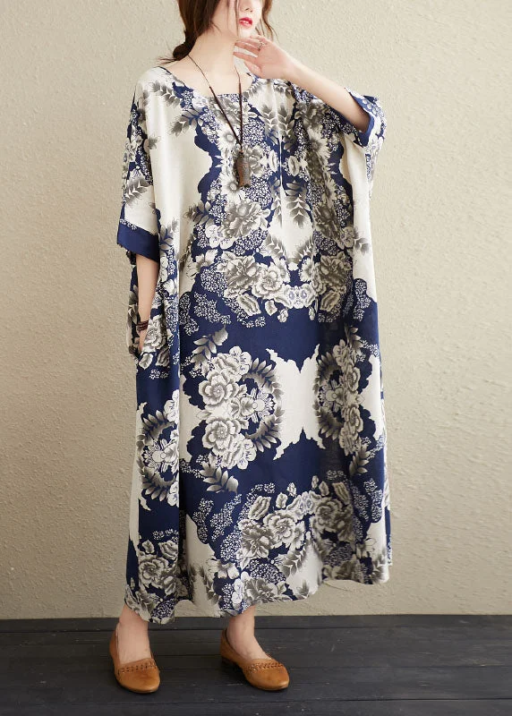 Limited Edition layered dressPlus Size Navy O-Neck Print Cotton Maxi Dresses Caftan Short Sleeve