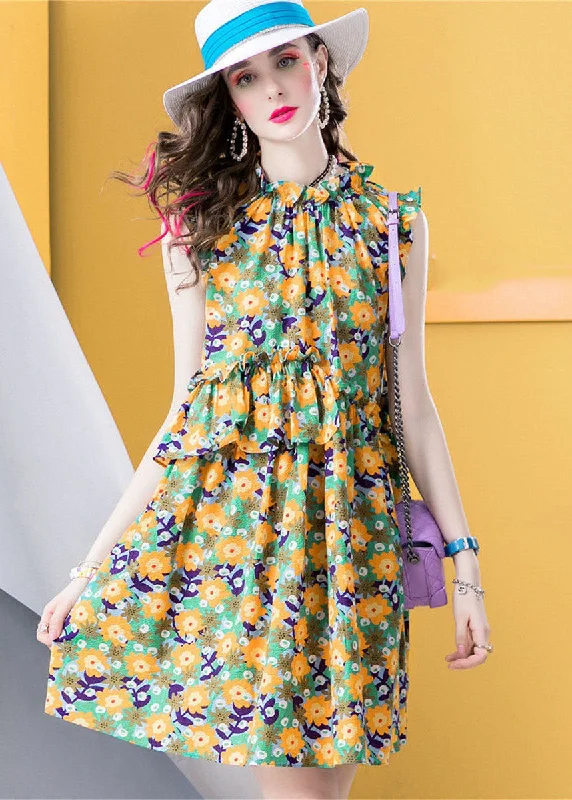 vintage dressModern Yellow Ruffled Print Patchwork Cotton Dress Sleeveless