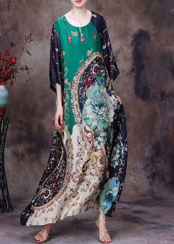 Price Buster summer dressGreen Print Silk Long Dresses Asymmetrical Deaign Half Sleeve