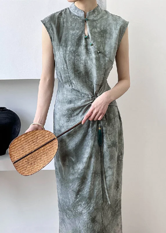 Sale Event winter dressNew Grey Button Lace Up Silk Cotton Long Dress Summer