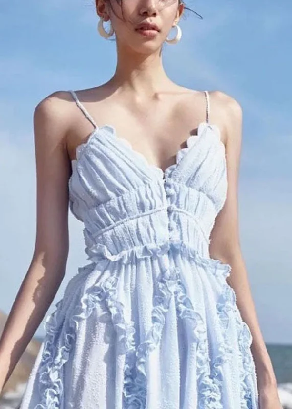 Today’s Special boho dressSexy Light Blue Ruffled Patchwork Backless Spaghetti Strap Dresses Vestidos Summer