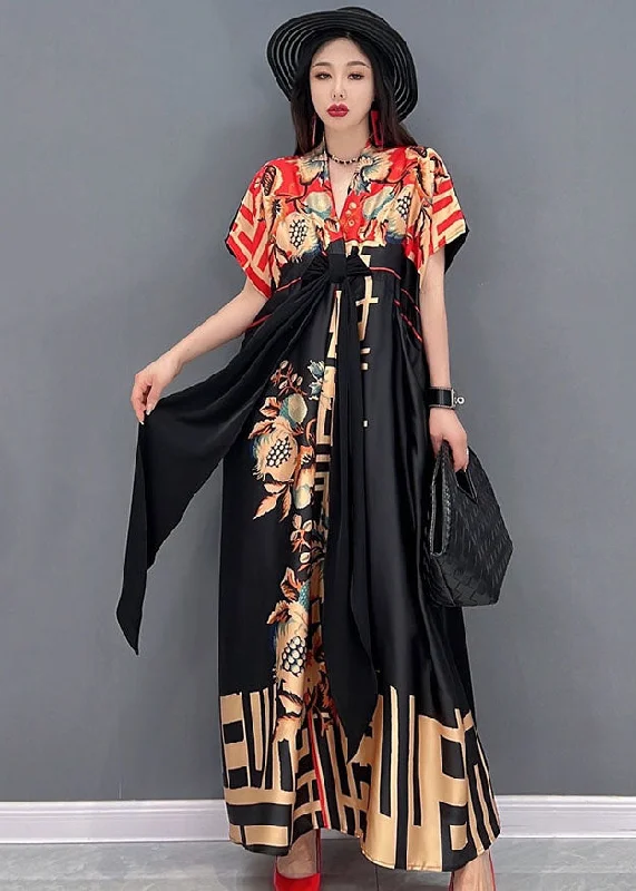 Don’t Miss Out off-the-shoulder dressVintage Black Red V Neck Bow Print Satin Long Dresses Short Sleeve