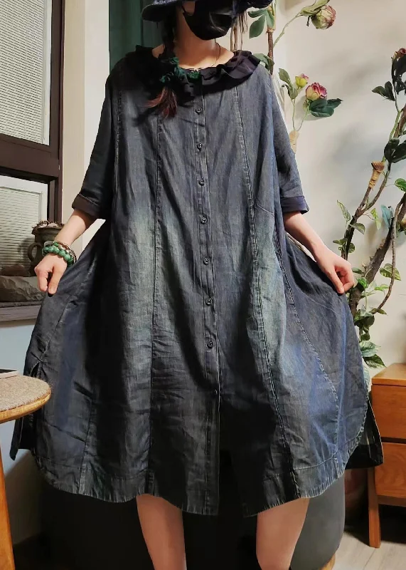 Deal Zone trendy dressVintage Blue Button Pockets Denim Shirts Dress Half Sleeve
