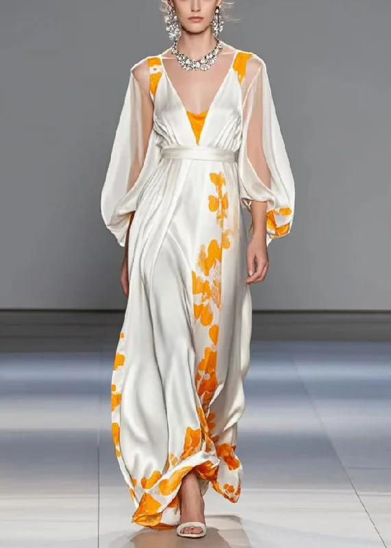 tiered dressOrganic White Cinched Print Silk Robe Dresses Lantern Sleeve