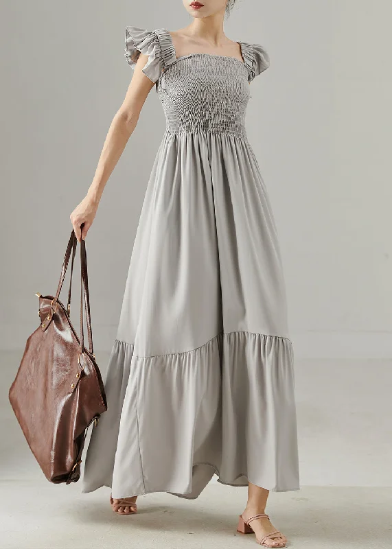 elegant evening dressClassy Grey Square Collar Wrinkled Cotton Party Dress Petal Sleeve