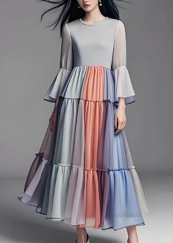 Best Deals casual knit dressWomen Colorblock Wrinkled Patchwork Chiffon Dress Flare Sleeve