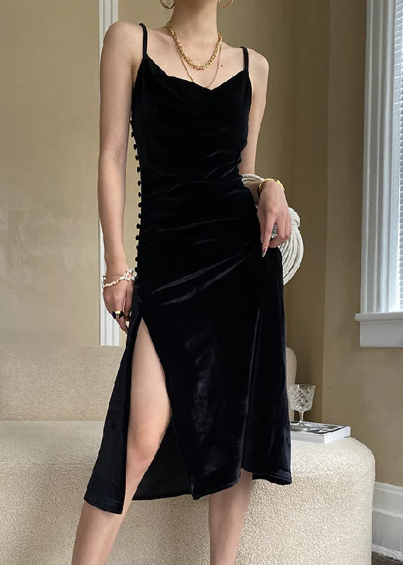 Online Only minimalistic dressBlack Solid Silk Velvet Spaghetti Strap Dress Cold Shoulder Summer Online Only minimalistic dressBlack Solid Silk Velvet Spaghetti Strap Dress Cold Shoulder Summer