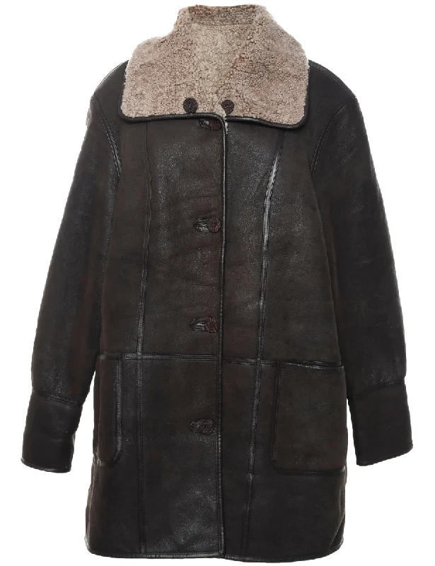 Online Exclusive trendy casual outerwearSingle Breasted Brown Leather Faux Shearling Lined Jacket - L