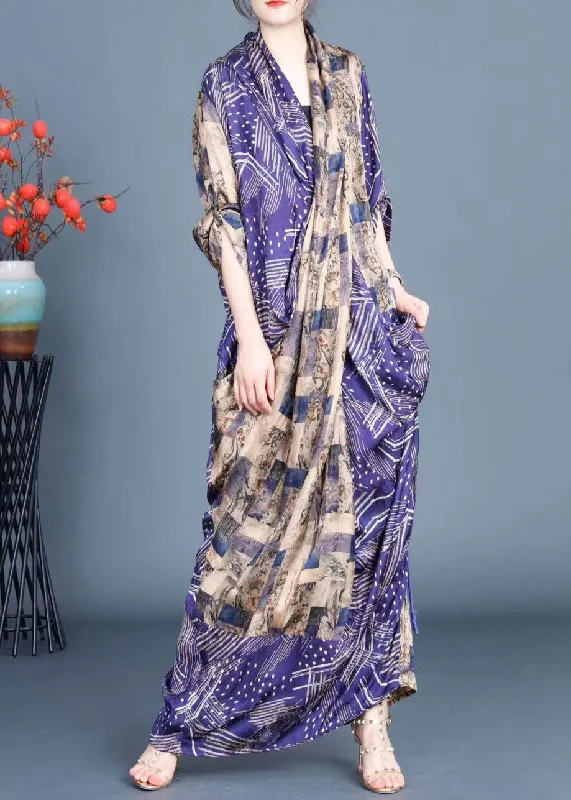 midi dressElegant Blue Print Side Open Tie Waist Silk Long Dress Spring