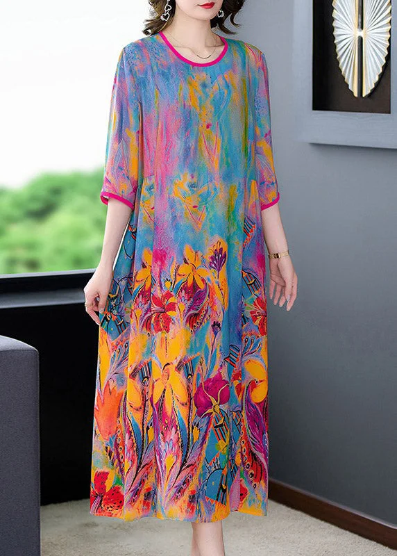 Shop and Save flowy evening dressPlus Size O-Neck Print Silk Dress Long Sleeve