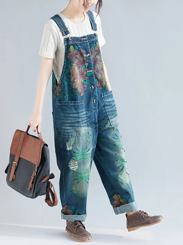 Seasonal Clearance Women Summer Flower Denim Pocket Jumpsuits AS1040